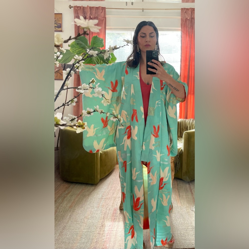 Real silk vintage Japanese kimono Rinzu cranes birds clouds turquoise coral